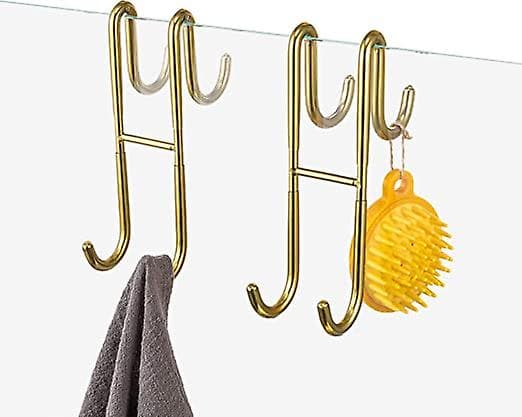 Sæt med 2 brusekrog i rustfrit stål til badeværelse, over den rammeløse glasbrusekrog til håndklæder og barberholder (guld)