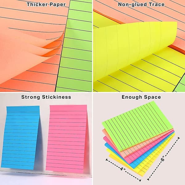 6 Blokke - Sticky Notes, 6 Lyse Farver, Sticky Note Blokke Med Linjer, Tykt Papir, Til Kontoret