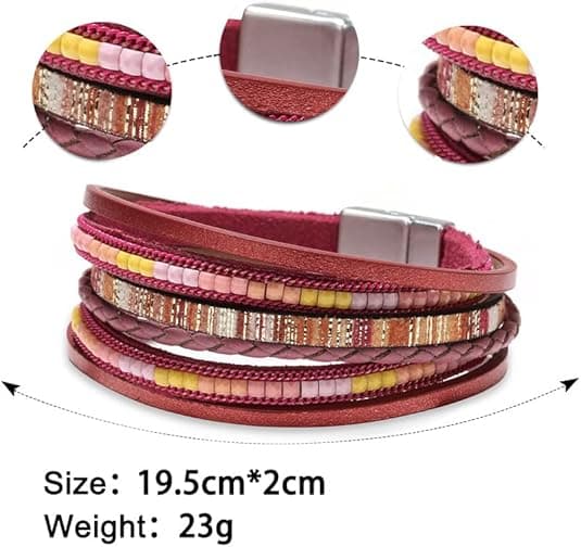 Læder Wrap Armbånd til Kvinder, Boho Leopard Multi-Layer Krystal Perler Manschet Armbånd Smykker red