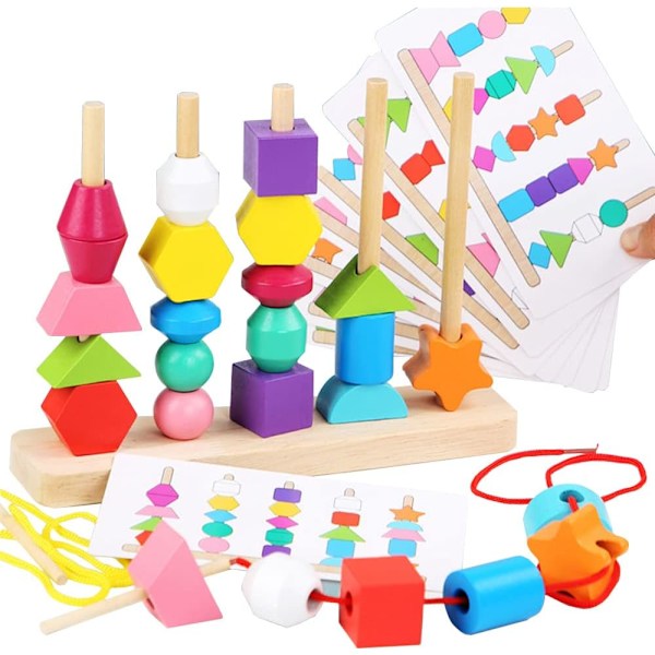 Stapelspel, träleksak, 2-i-1, träsortering, stapelspel, trådspel, stapling och sortering, byggklossar, för barn från 2, 3, 4, 5 år