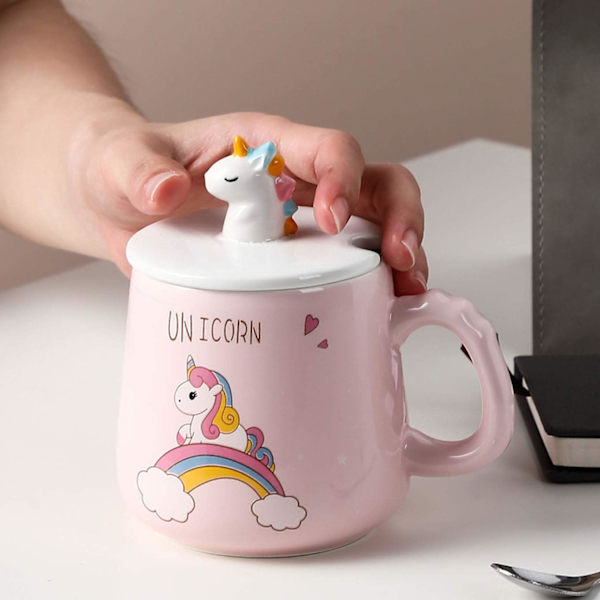 Søt enhjørning keramisk krus, kaffekopp med nydelig 3D enhjørninglokk, rustfri stålskje, nyhet tegneserie morgenkopp julekrus