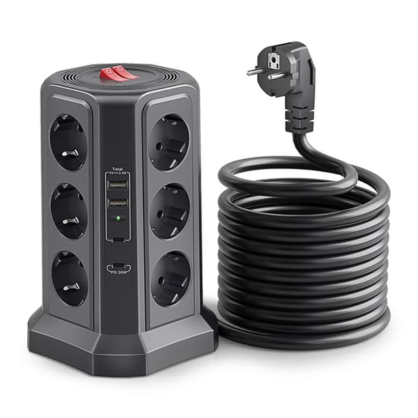 Stikdåse med afbryder, stikdåsetårn med 12 stik og 4 USB (2 USB-A og 2 USB-C), 1,5M kabel til hjem og kontor - sort