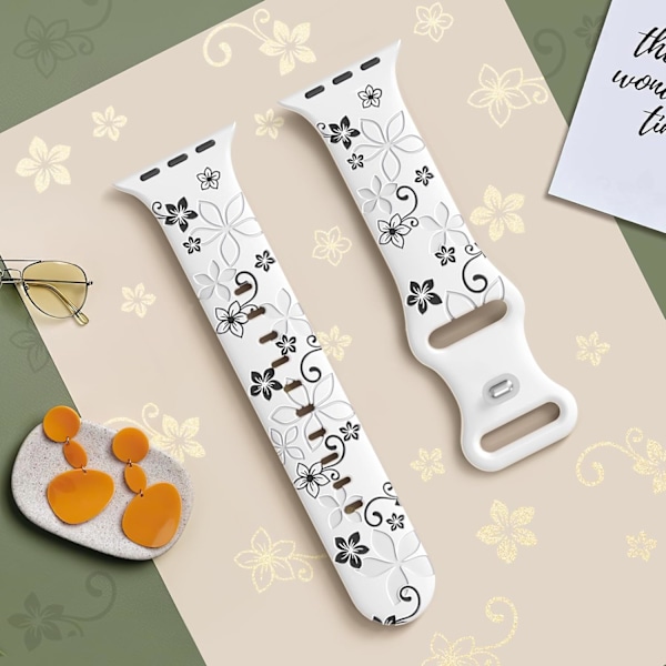 Blomstergraverede remme kompatible med Apple Watch 42mm 44mm 45mm 49mm til kvinder, Søde blomster iWatch-remme blød silikone sportsrem 42mm 44mm 45mm 49mm