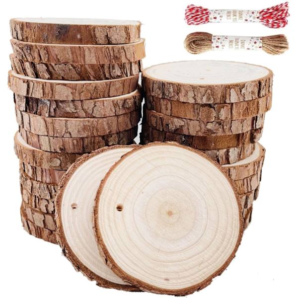 Obehandlade Naturliga Träskivor 30 st 6-7cm Inch Hantverksträkit Förborrade med Hål Träcirklar