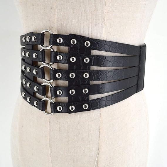 Hålperforerad Nitarbälte Snörning Korsett Elastiskt Brett Midjebälte Underbyst Midjeband black silver rivets