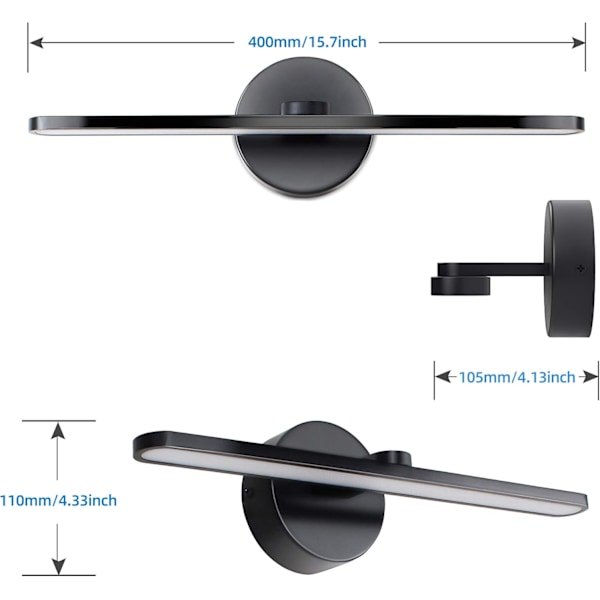 LED Badeværelses Vanity Belysningsarmaturer, 50CM Vægmonterede Lysarmaturer, 14W 3000K Mat Sort IP44 Make-up Spejllampe