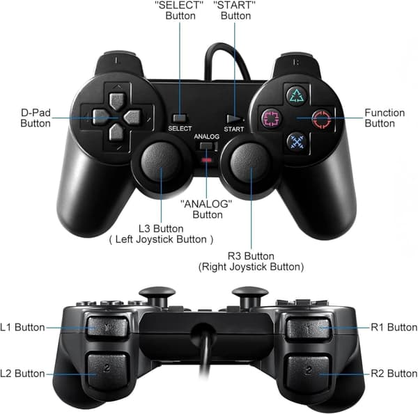 En kablet controller, kompatibel med PS2, med dobbelt vibration, ergonomisk greb og et gaming joystick.