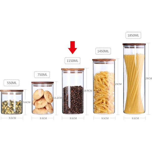 Lufttät glasburk med trälock, köksförvaringsburkar, för kaffebönor, kryddor, godis, flingor, ris, socker, 1150ML