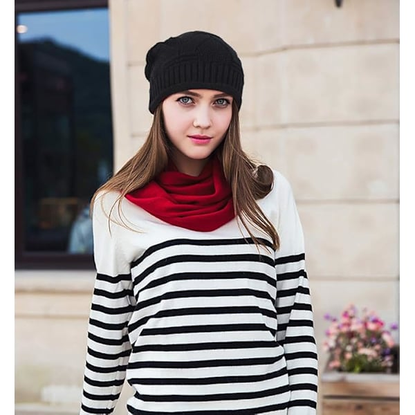 1-pack vintermössa dam vintermössa stickad mössa varm slouch beanie med fleecefoder återanvändbar, One size black