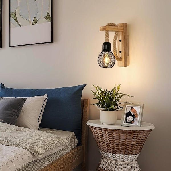 Væglampe Retro Industrielt Land Træ Væglampe, Jernbur Lampeskærm, Hamp Reb Hængende Væglampe, Uden Lampe