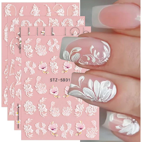 3D Blommor Nagelstickers 4 Ark Nagelstickers Nagelkonst Dekaler Självhäftande Nagelkonst Dekoration Nageltillbehör