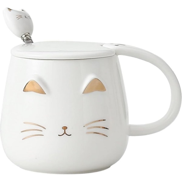 - Kawaii Kattkopp 450ml - Kattkopp med Lock & Sked - Vit & Guld Keramiska Färger - Te Kaffe Infusionskopp