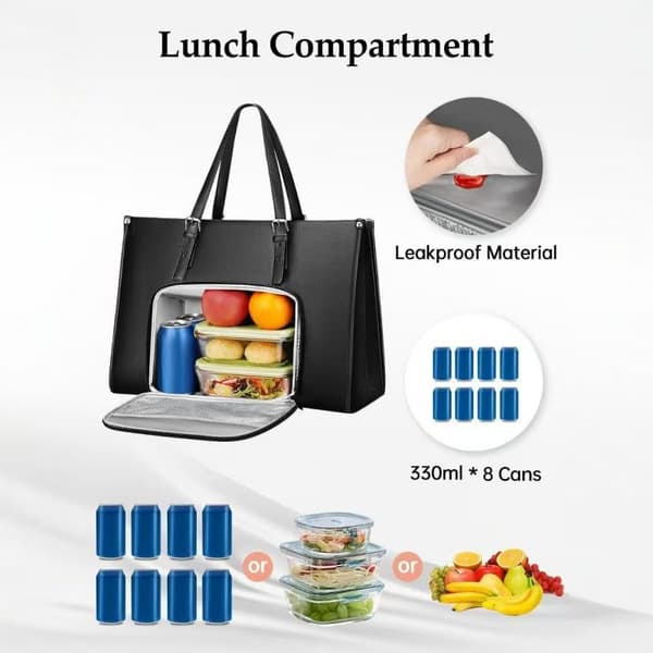 Laptopväska med isolerat lunchfack, med läckagesäker lunchlådeficka för kvinnor, konvertibel lätt datorväska handväska