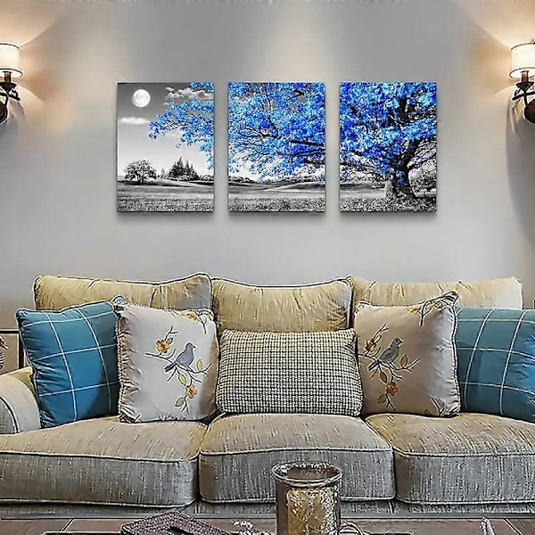 Väggkonst för vardagsrum Blå träd måne Canvas Väggdekor för