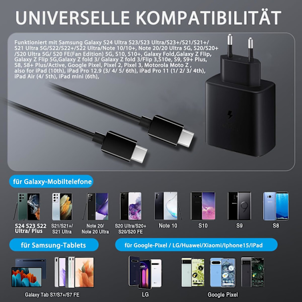45W USBC Pikalaturi Android-puhelimille Type-C-kaapelilla Samsung Galaxy S24 S23 S22 S21 Ultra/ A53 A54/A73/note/iphone15/ipad 2PC,black 2m data cable