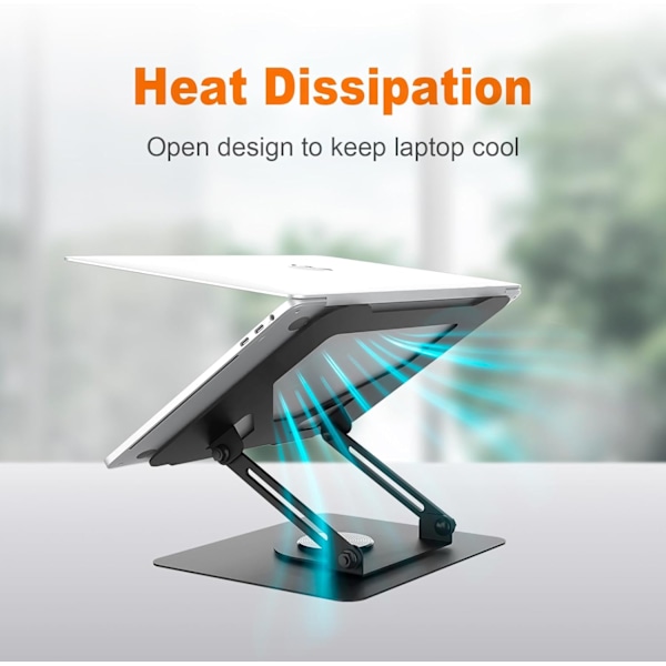 Laptopstativ for skrivebord, sammenleggbart laptopstativ med 360° dreibar base, justerbar høyde og vinkel, ventilert datamaskinholder kompatibel