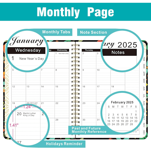 2025 Planner, 2025 Ugentlig og Månedlig Kalender Planner Januar til December A5 (6.5\" x 8.5\") Akademisk Planner 12 Måneder, Sort Blomst