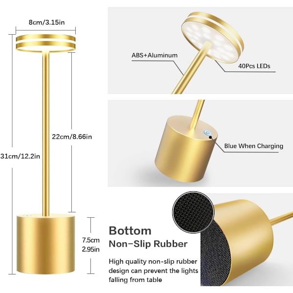 2 Pakk Oppladbar Trådløs LED Bordlampe, 5000mAh Batteridrevet Bordlampe, 3 Fargemoduser, Dimbar, USB Skrivebordslampe – Gull