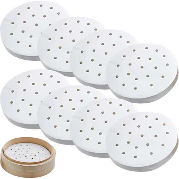100 ark perforerade bambuångkorgsfoder, papper för Dim Sum, 18 cm