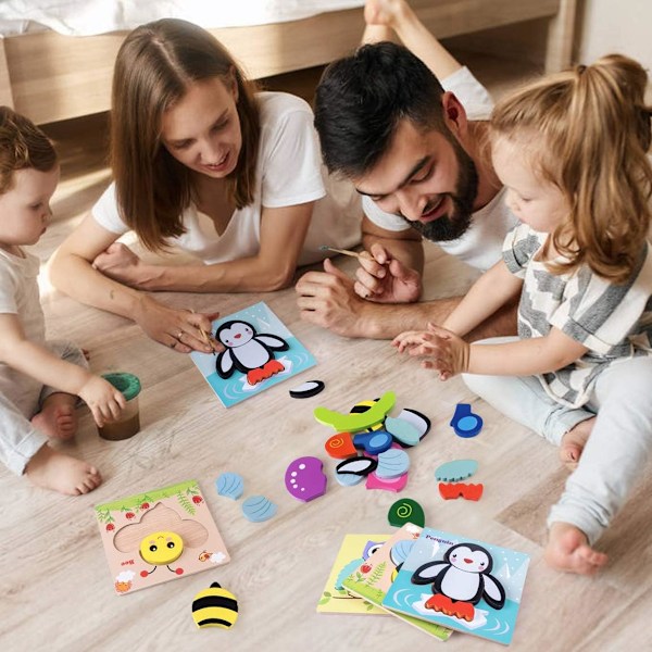 Träpussel för 1-3-åringar, 5 delar pussel för småbarn Djurformade block Tjocka pussel Montessori träleksaker
