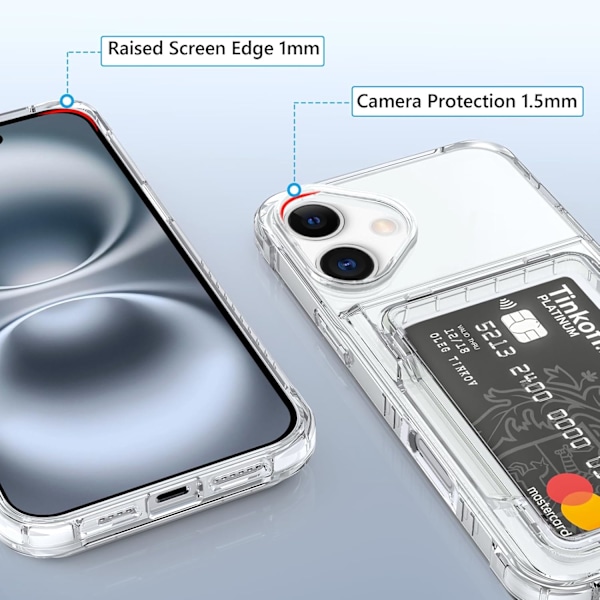 iPhone 16 Plus -kotelo korttipaikalla, läpinäkyvä lompakkokotelo, 2 korttipaikkaa, pehmeä TPU+kova PC-puskuri, iskunkestävä kotelo, läpinäkyvä