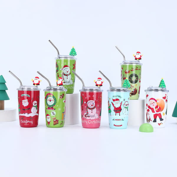 460ML Julvattenkopp Julresekopp 3D Jultomte Julgran Rostfritt Stål Termosmugg för Julfester Kaffe, Te, Smoothies