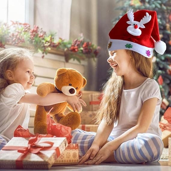 Rød Julehat, Julemandshat, Julehat til Børn, Julepynt, 2 Stykker (Gammel Mand + Hjort)