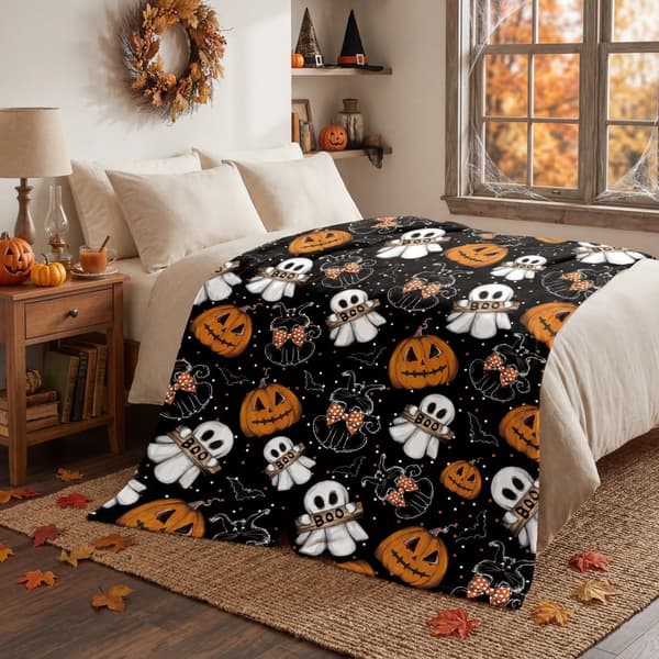 Halloween-teppe med gresskar- og spøkelsesdesign, 100x150 cm, myk sesongbasert teppedekorasjon.