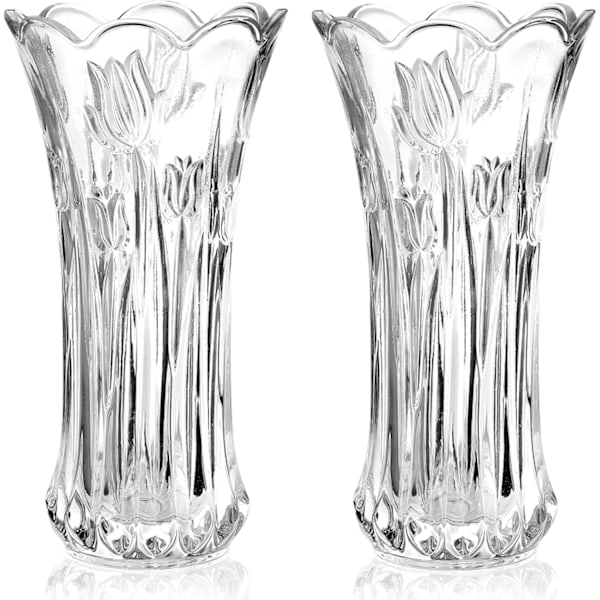 Set med 2 Glasblomvaser, 9,5 tum Stora Blomvaser för Mittstycken, Modern Klar Tjock Kristall Hög Cylinder Utvidgad Vas