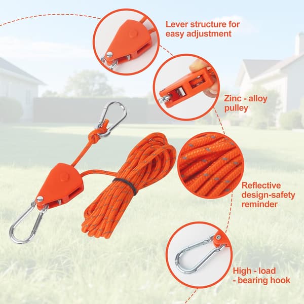 4-delat set: 4 mm x 4 m justerbart tältrep med remskiva, karbinhake, spännrulle (orange)