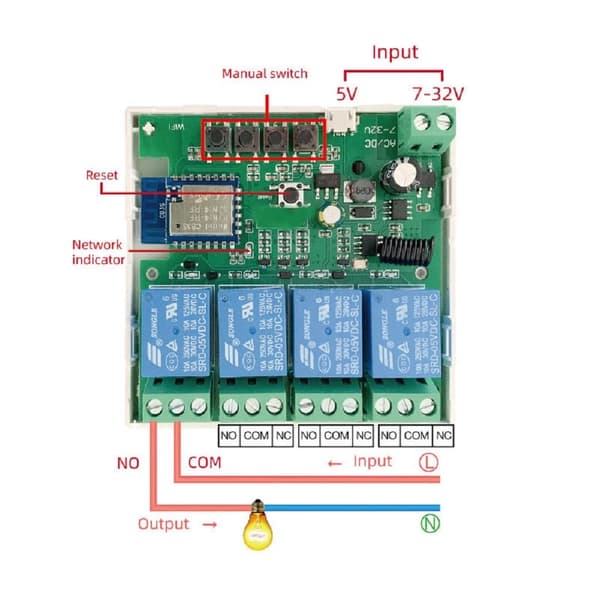 4-kanals smart WiFi RF Bluetooth trådløs tørrkontaktrelébrytermodul, Tuya Smart life app fjernkontroll