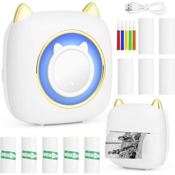 Mini Bärbar Fotoprinter, Trådlös Bluetooth Instant Termisk Printer med 10 Rullar Termiskt Papper, Printer
