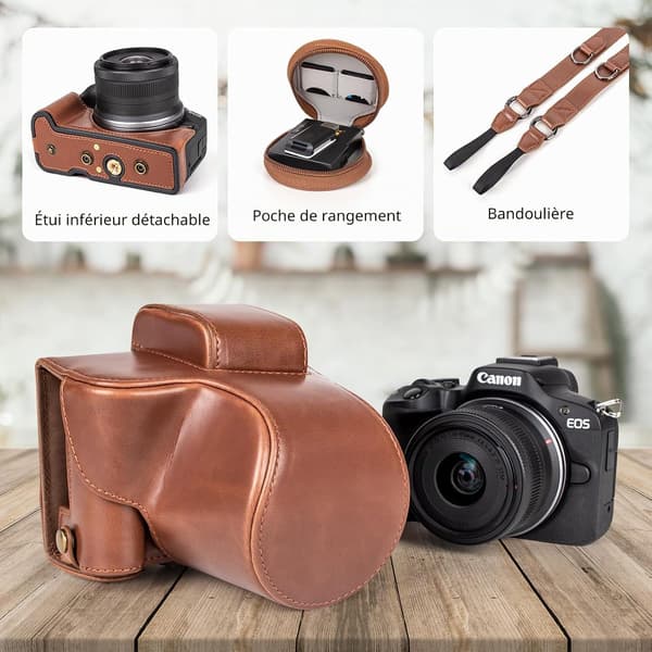 Etui til Canon EOS R50/R100 og 18-45mm objektiv, PU læder beskyttende etui tilbehør til EOS R100/R50 kamera