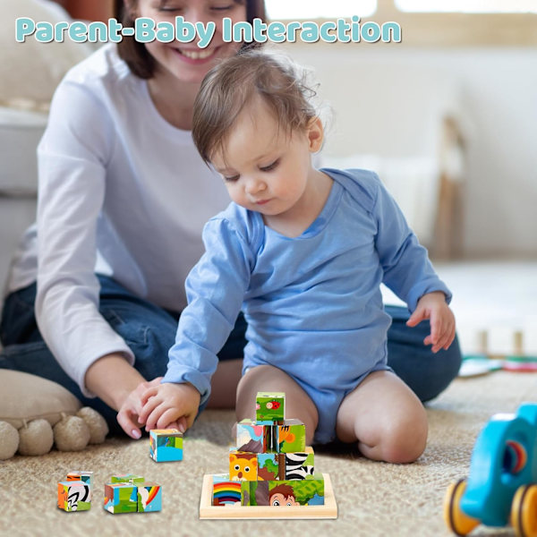 Träpussel för barn, 6 i 1 3D Trädjur Kubpussel för barn, Montessori Leksak för 1 2 3 år gamla, Förskoleutbildande spel