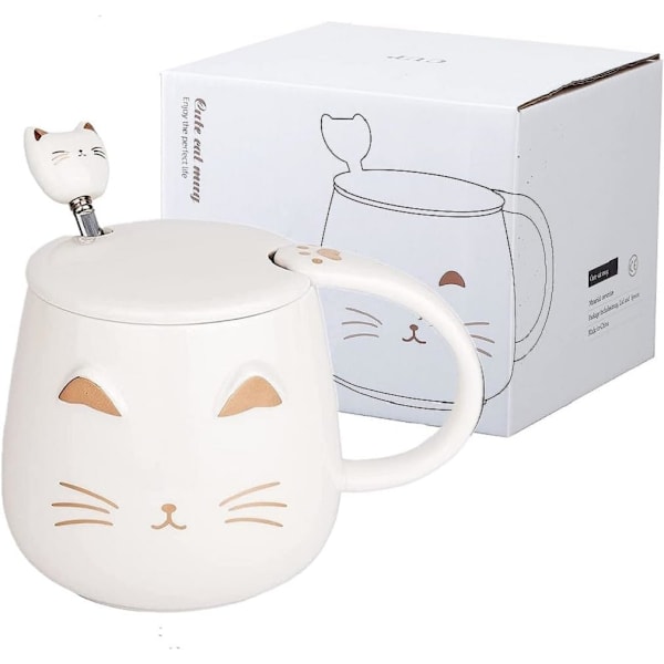 - Kawaii Kattkopp 450ml - Kattkopp med Lock & Sked - Vit & Guld Keramiska Färger - Te Kaffe Infusionskopp