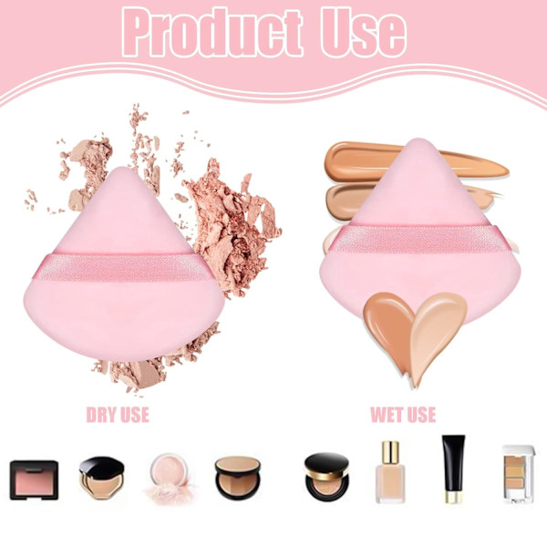 Sæt med 6 pudderkvaster, bløde trekantede makeupsvampe i mesh til løs pudder, Sort, Pink