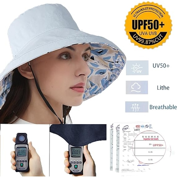 Solhatter for kvinner, bred skygge, vendbar bøttehatt i bomull, sammenleggbar sommerreisehatt med hattklips, UV-beskyttelse blå