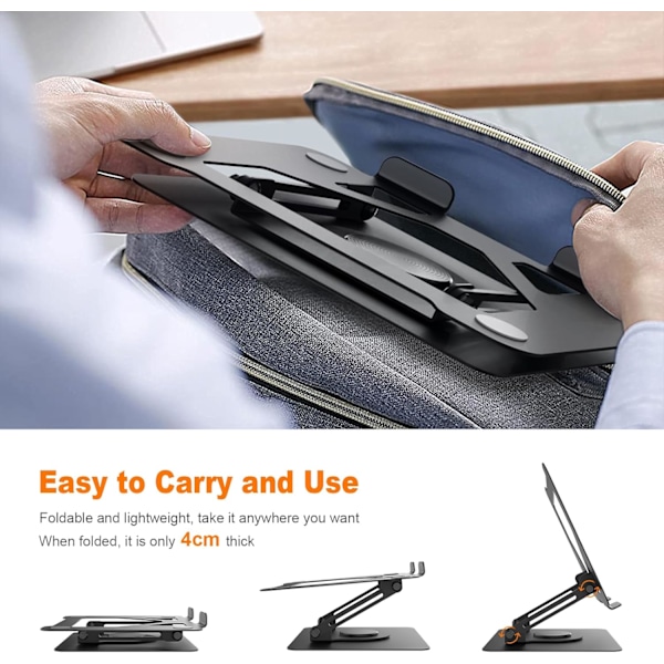 Laptopstativ for skrivebord, sammenleggbart laptopstativ med 360° dreibar base, justerbar høyde og vinkel, ventilert datamaskinholder kompatibel