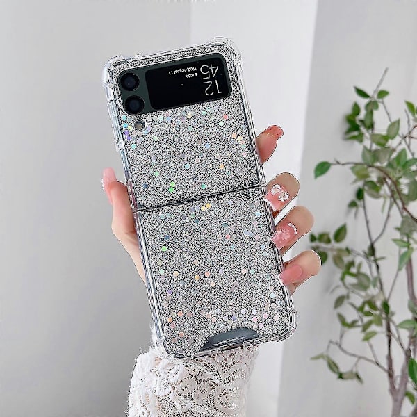 Läpinäkyvä glitterikuori, yhteensopiva Samsung Galaxy Z Flip 4:n kanssa, kova PC-nelikulmainen iskunkestävä suojus