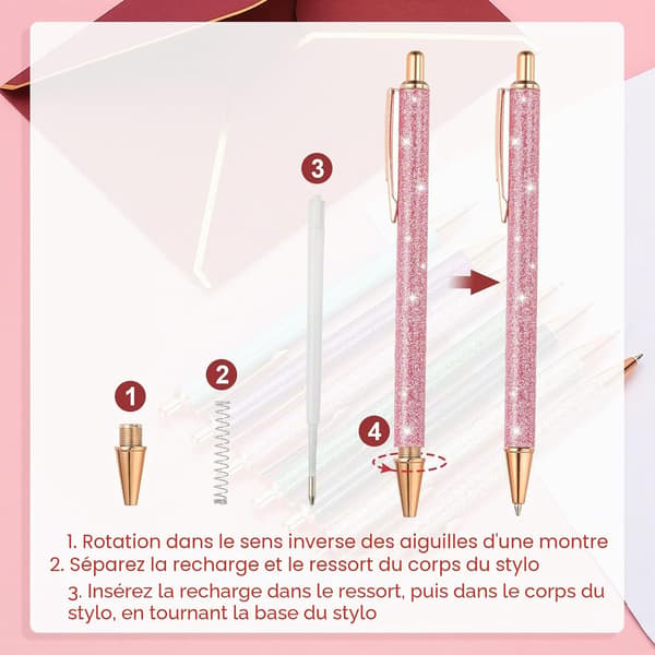 Glitterkulspetspenna, 2-pack elegant glittrande infällbar kulspetspenna med metalltryckspets, svart bläck, roséguld
