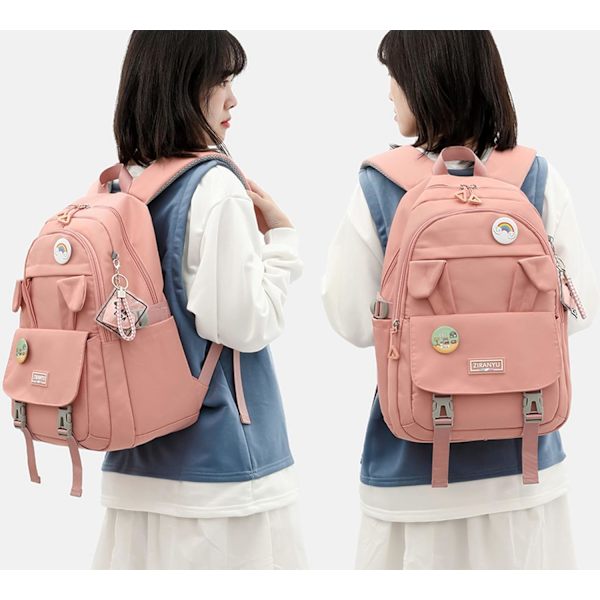 Skoltasker til piger, rygsæk dame vandtæt skoletaske med laptoprum & tyverisikring afslappede dagstursrygsække (pink)