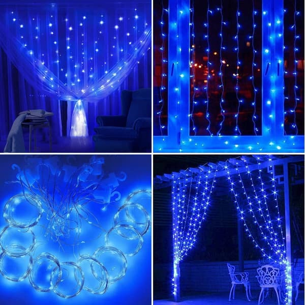 LED Gardinlys Lyslenker, 3m × 3m 300 USB Eventyrlys 8 Moduser med Fjernkontroll for (Blå)