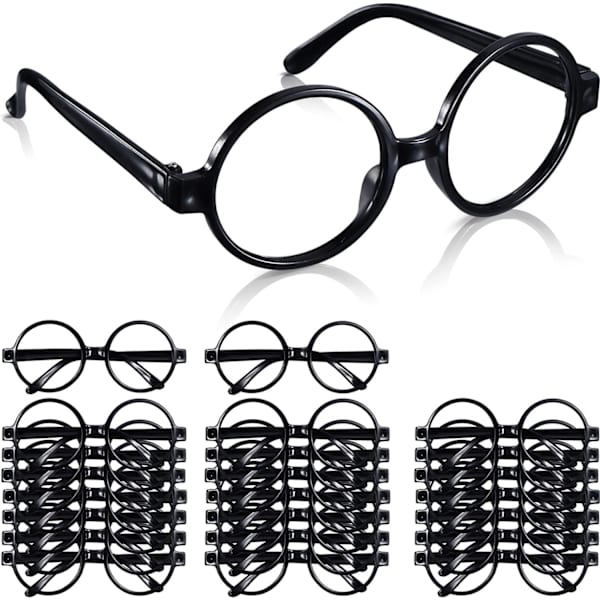 Svarta runda trollkarlsglasögon i plast, bågar utan linser, nördglasögon för Halloween-kostym, festtillbehör (24-pack)