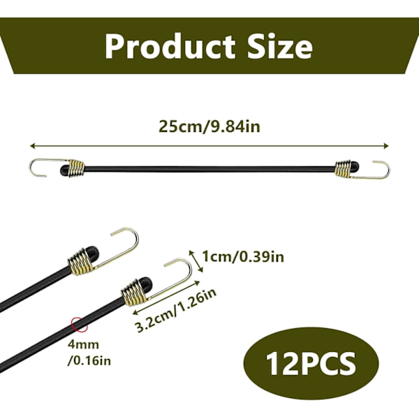 12 elastiske snore med kroge, 25 cm lange, til campingtelte, elastiske spændebånd