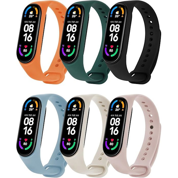 Rem för Xiaomi Mi Band 7, 6 st justerbart silikon sportarmband svart+vit+grön+blå+rosa+orange