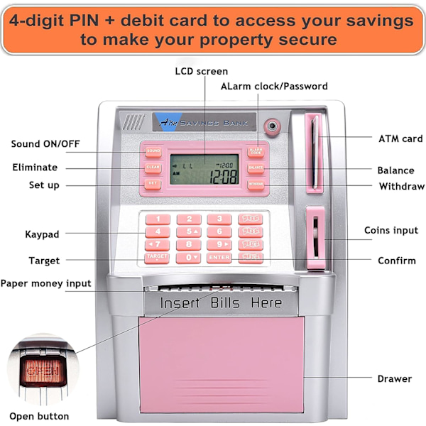 Pounds Version Elektronisk ATM Opsparingsbank Digital Pengeboks Maskine, Elektronisk Pengekasse, Stemmeprompt, Møntgenkendelse Silver pink