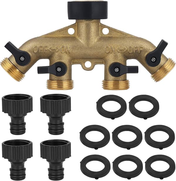 Kraftig Udendørs Slangesplitter Havehane Adapter, 4-vejs Massiv Messing Slangesplitterhane