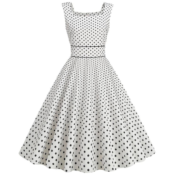 Dam Polka Dot Printed Big Swing Dress Retro ärmlös festklänning sommar White L