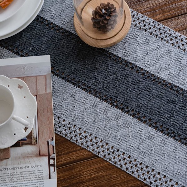 Macrame Bordlöpare Vävd Rustik Bordlöpare Bomull Linne Boho Stil Bordlöpare med Fransar för Matbord (Grå, 30x180cm)
