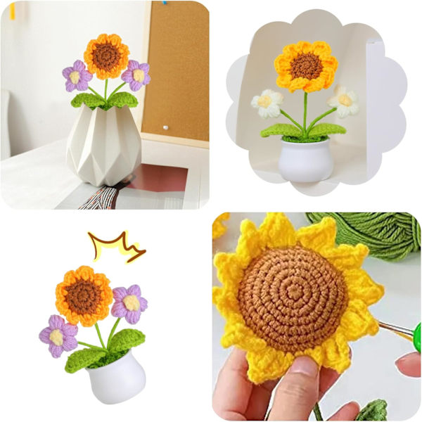 Kunstig Blomst Heklede Blomster Potteplante, Mini Strikket Blomsterpotte, Liten Håndlaget Heklet Blomst for Hjemmekontor Borddekor